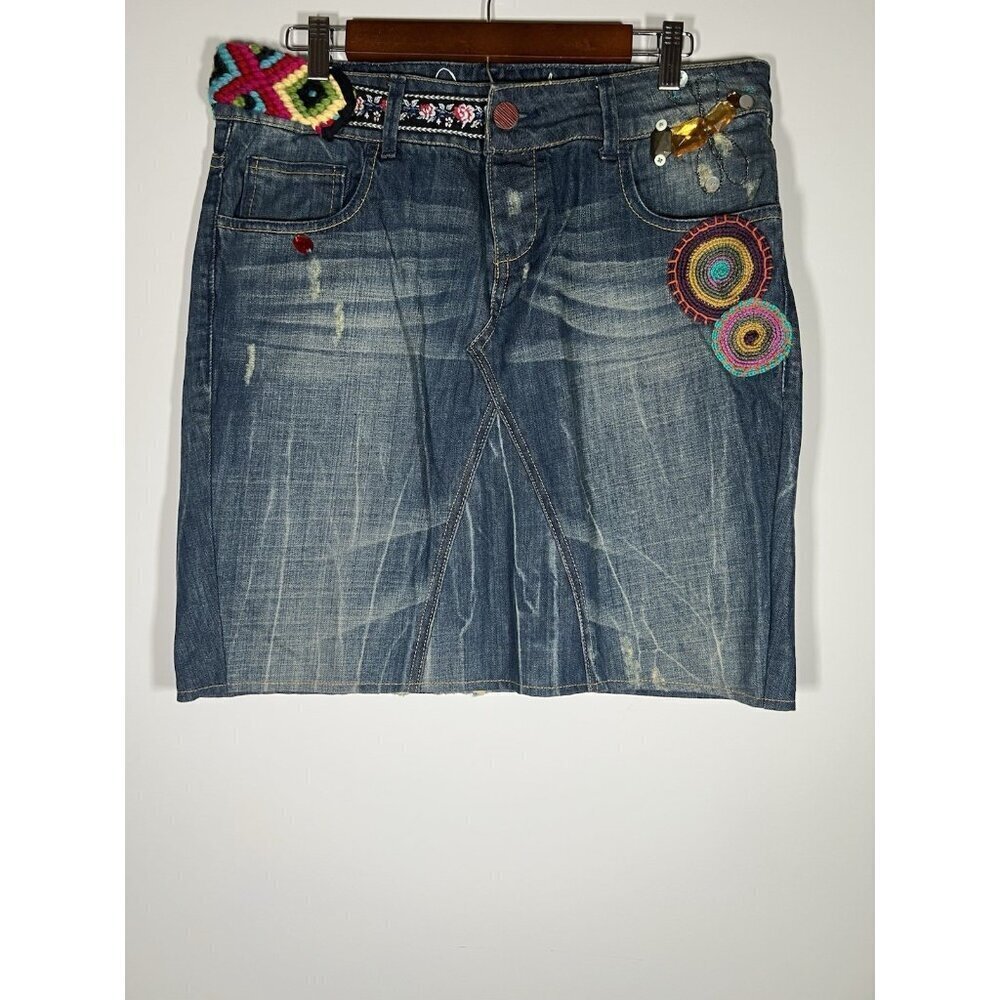Vintage Y2K Desigual denim mini skirt crochet beaded bohemian 42(L) hippie
